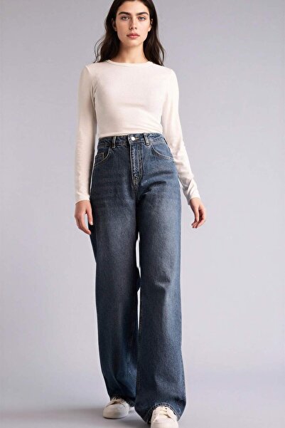 DeFacto 100% Cotton Straight Wide High Waist Jean Trousers G8849Ax26Sp