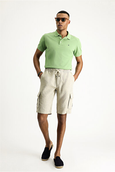 Kiğılı برمودا من الكتان مع جيب للشحن ورباط على الخصر - 8682608545743