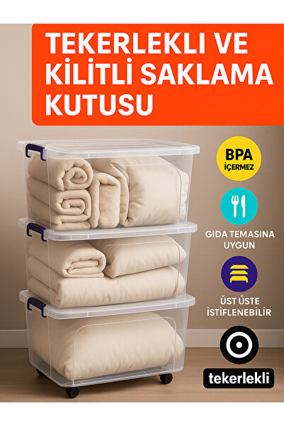 Loremp 3'lü Set 80 LT Tekerlekli Kilitli Şeffaf Saklama Kutusu Büyük Boy Plas...