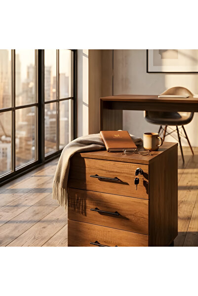 Sempre KESON Tekerlekli Ahşap Keson Merkez Kilitli Üç Çekmeceli - BAROK RENK