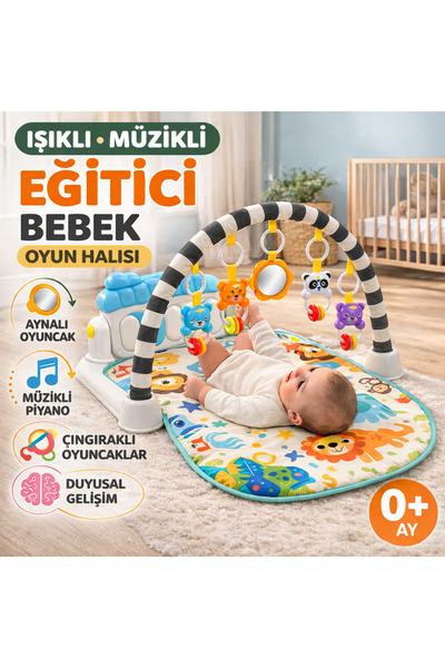 MARRGOS Işıklı Müzikli Bebek Oyun Halısı Aynalı Çıngıraklı Mutlu Hayvanlar Eğ...