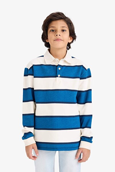 DeFacto 100% Cotton Color Block Striped Polo Collar Long Sleeve T-Shirt for Boys G0516A826Sp