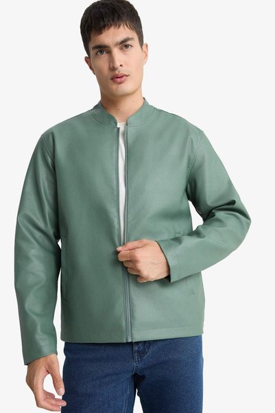 DeFacto Water Repellent Slim Fit Stand Collar Zippered Faux Leather Jacket Coat D8525Ax26Sp