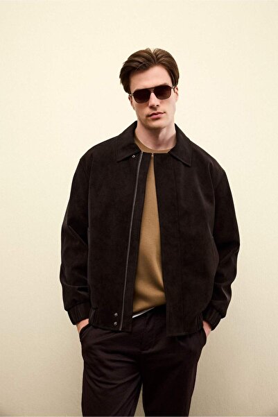 DeFacto Relax Fitted Lined Zippered Suede Coat F7765Ax26Sp