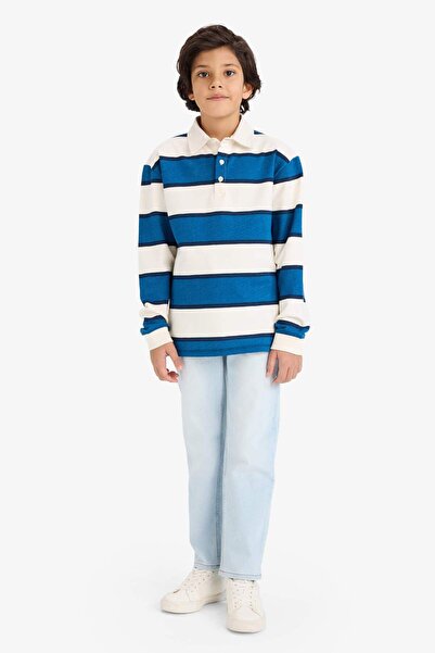 DeFacto 100% Cotton Color Block Striped Polo Collar Long Sleeve T-Shirt for Boys G0516A826Sp