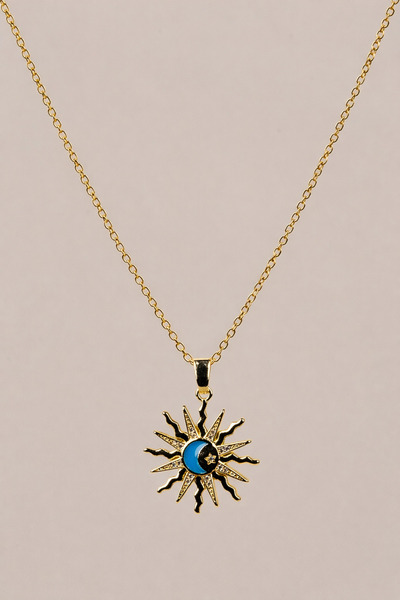Portakal Esintisi Zircon Stone Sun Model Blue Moon Steel Necklace