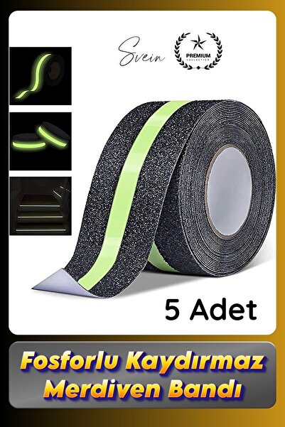 Svein #Bant 5 Adet Fosforlu Kaydırmaz Merdiven Bandı 5 cm x 3 m Fotolümenli Y...
