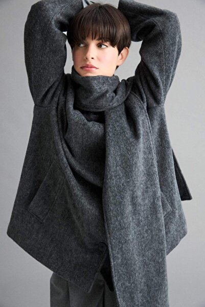 DeFacto Palton scurt din lână amestecată, cu șal detașabil, cu potrivire norm...