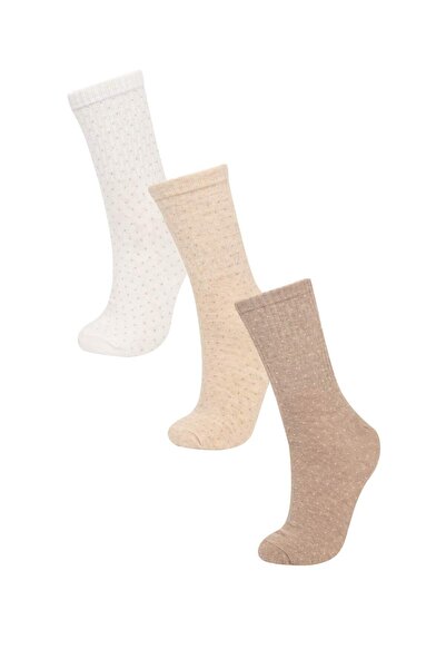 DeFacto Удобни дамски еластични памучни дълги чорапи, 3 чифта D0534AXNS