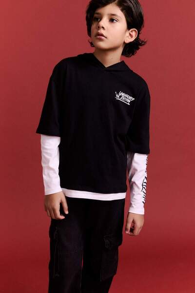 DeFacto Момчешка тениска с качулка и дълъг ръкав с принт G6192A825CW