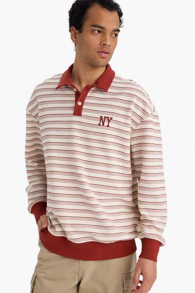 DeFacto Boxy Fit Polo Collar Printed Striped Sweatshirt G7003Ax25Wn