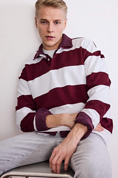 DeFacto Boxy Fit Polo Yaka Çizgili Sweatshirt G5091AX25WN