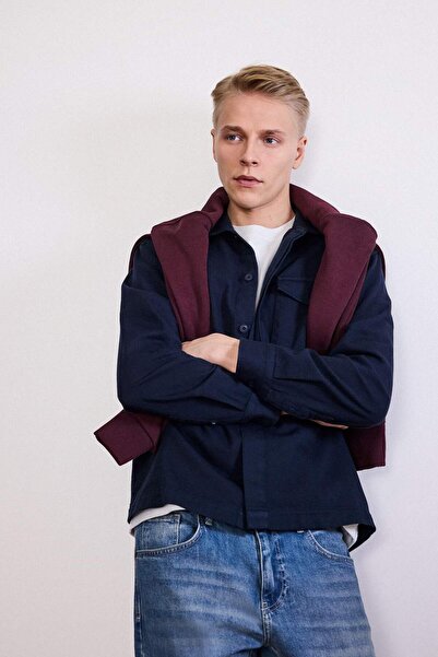 DeFacto F7124Axnv64 Navy Blue Boxy Fit Polo Neck Twill Long Sleeve Shirt