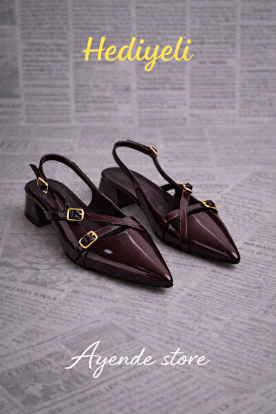 halabi moda Pantofi de damă cu toc scurt cu bretele încrucișate din piele lăc...