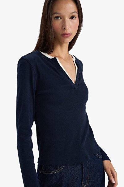 DeFacto Μπλουζάκι με κουμπιά Slim Fit Ριμπ πλέξη με μακριά μανίκια G3490AX25WN