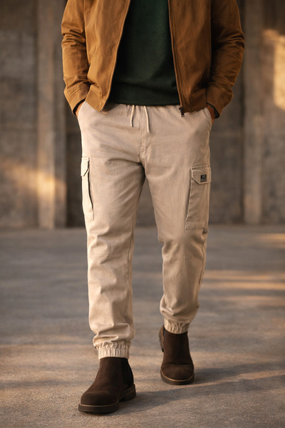 Souris Ανδρικό παντελόνι Cargo σε χρώμα πέτρας, άνετο κομμένο βαμβακερό ελαστ...