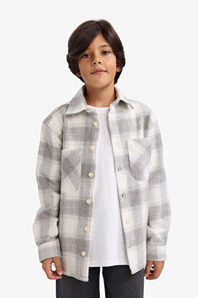 DeFacto Oversize Wide Fit Polo Collar Plaid Patterned Flannel Long Sleeve Shi...