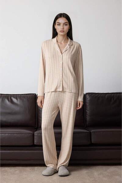 DeFacto Pajama Set Regular Fit Checked Long Sleeve Top Long Bottom G1189Ax25Au