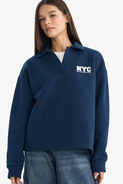 DeFacto Oversized Wide Fit Polo Neck Printed Sweatshirt G3721Ax25Wn