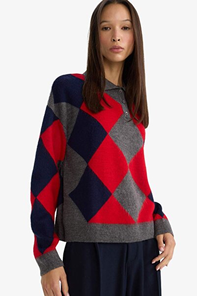 DeFacto Світшот з регулярним кроєм, коміром-поло та візерунком «баклава» G654...