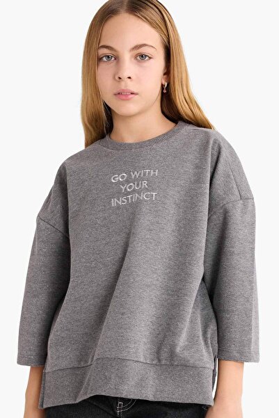 DeFacto Oversize Geniş Kalıp Bisiklet Yaka Baskılı Sweatshirt Kız Çocuk G2461...