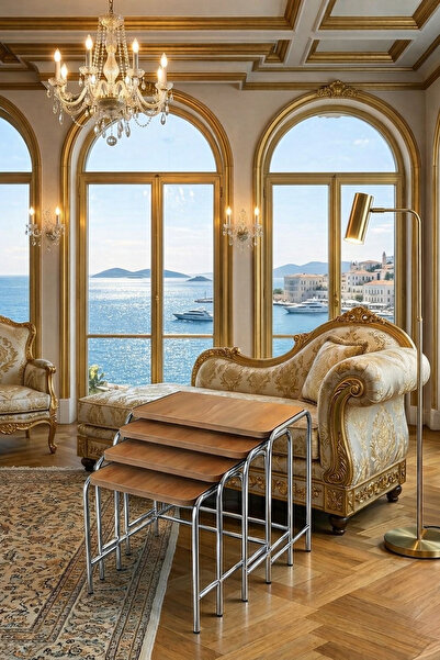 HOMEBELLA Valencia Ceviz Masa 4'lü Zigon Sehpa Metal Krom Nikel Ayaklı E1 Gua...