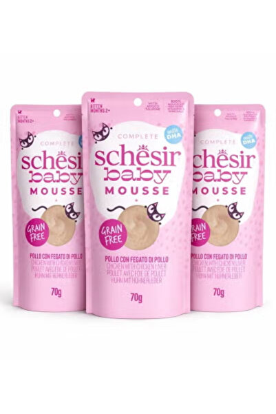 Schesir 3 أكياس طعام رطب للقطط الصغيرة مع كبد دجاج موس، 3 × 70 جم