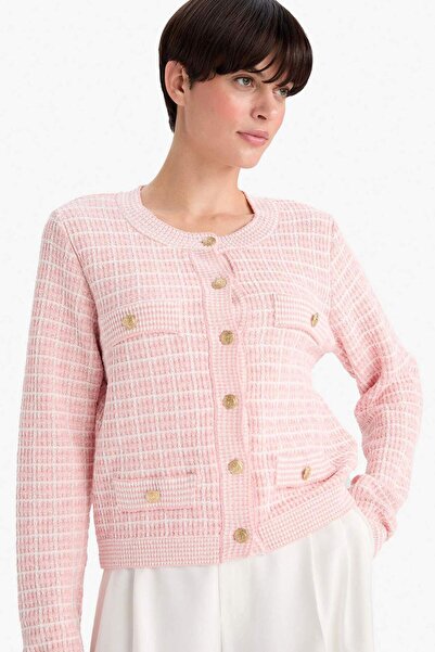 DeFacto Cardigan tricotat în carouri cu guler tip bicicletă, croială normală ...