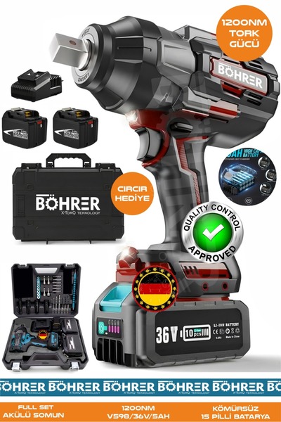 BÖHRER Alman BA01072K Akülü Somun Sıkma Makinesi | 1200 Nm Tork – 36V 5Ah | D...