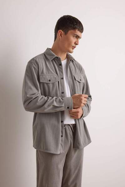 DeFacto Regular Fit Fitilli Kadife Gri Erkek Gömlek F1518AX/GR454