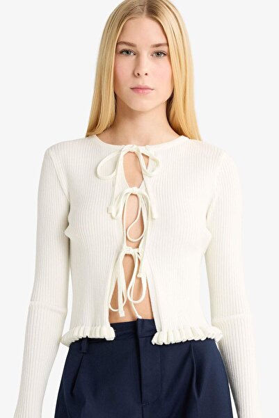 DeFacto Slim Fit Slim Fit Crew Neck Front Tie Cardigan G3409Ax25Wn