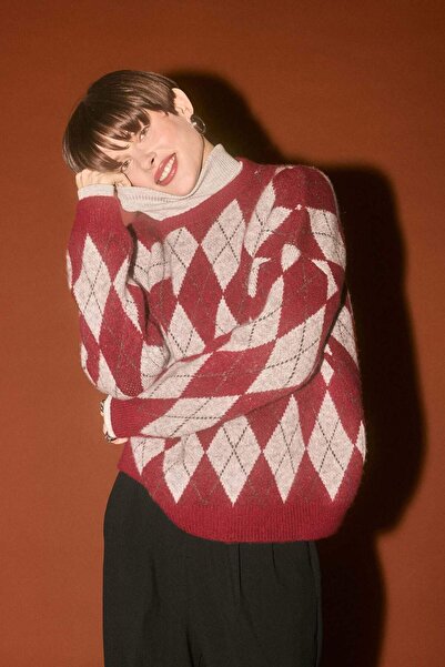 DeFacto Relax Fit Crew Neck Diamond Pattern Knit Sweater F3900Ax25Wn