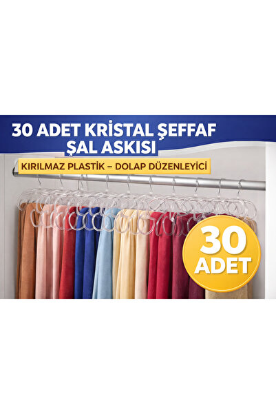 vitrinraf Kristal Şeffaf Şal Eşarp Askısı 30 Adet – Dolap İçi Düzenleyici Şal...