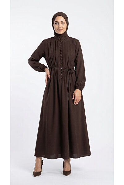 MİHRA STORE Φόρεμα με ραβδώσεις και τελειώματα από ντραπέ Modal-ZN2094 Καφέ