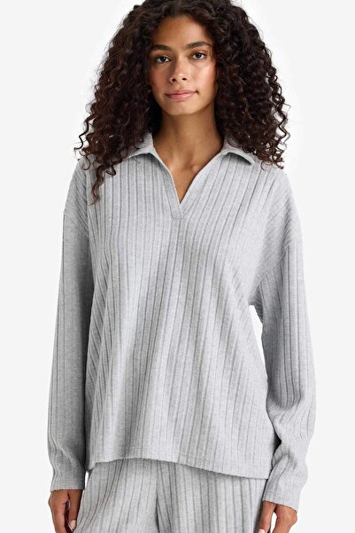 DeFacto Relax Fit Polo Neck Ribbed Camisole Long Sleeve T-Shirt F1007Ax25Au