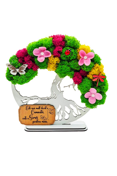 OEM Cadou Copacul Vietii, cu licheni stabilizati, din lemn alb, „Cumnata”, 20cm, handmade