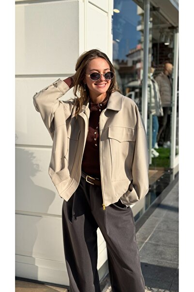 JANNA BUDAK BOUTİQUE Bej Renk Oversize Gömlek Yaka Ceket
