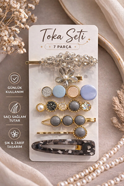 Gunessa 7'li Renkli Taşlı Minimal Kadın Yan Toka Seti Mandal- Tel Toka