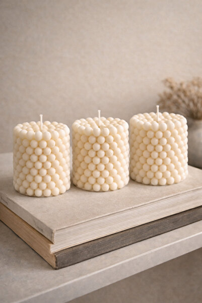 Misse 3 Adet Bubble Silindir Mum Pudra ve Vanilya Kokulu Pearl Candle Soya Wa...