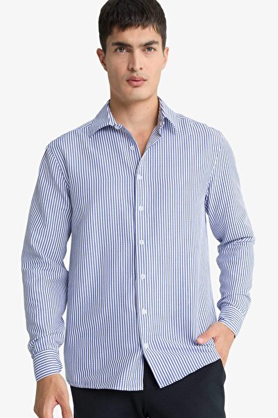 DeFacto Modern Fit Polo Yaka Çizgili Krinkıl Uzun Kollu Gömlek D6003AX25AU