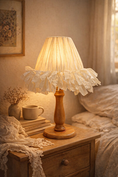 MARS CONCEPT Retro Ahşap Gövdeli Abajur – El Yapımı Fırfırlı Şapka, Dekoratif...