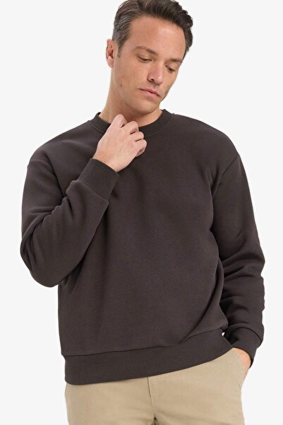 DeFacto Relax Fit Bisiklet Yaka Kalın İçi Yumuşak Tüylü Basic Düz Sweatshirt ...