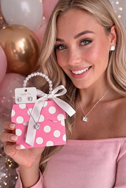 Kadın Puantiye Çantalı Tektaş Kolye & Küpe Seti