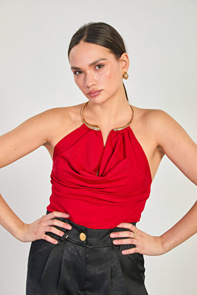 BARRELS AND OIL Women's Buckle-Neck Collar Blouse - Red