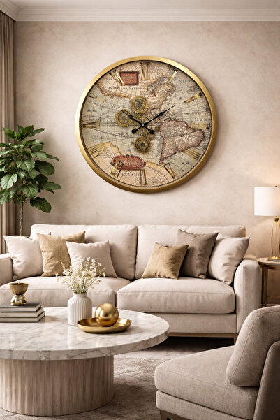 MARS CONCEPT Dünya Haritalı Büyük Boy Çarklı Duvar Saati - 80CM - Hareketli Ç...