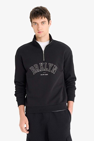 DeFacto Boxy Fit Dik Yaka Fermuarlı Baskılı Sweatshirt E9414AX25AU