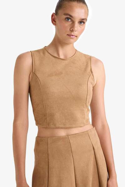 DeFacto بلوزة بدون أكمام من جلد الغزال بياقة دائرية G2847AX25AU