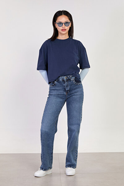 BARRELS AND OIL بنطال جينز بالازو بخصر عالي J63 للنساء - أزرق