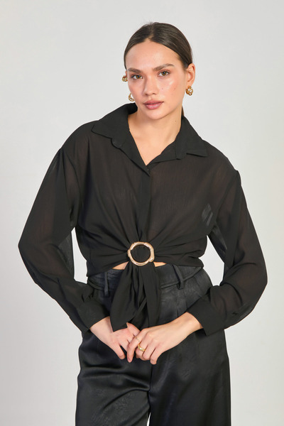 BARRELS AND OIL Women's Ring Buckle Long Sleeve Blouse - Black