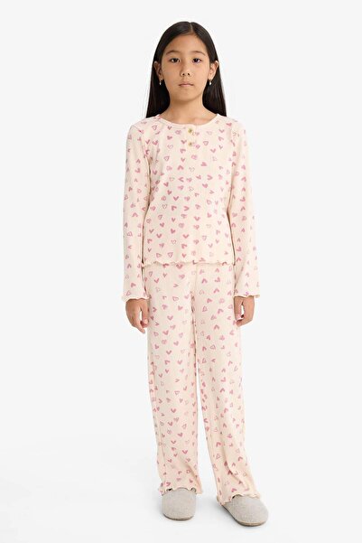 DeFacto Pajamas Set Corded Fabric Ribbed Knit Heart Patterned Long Sleeve Top...